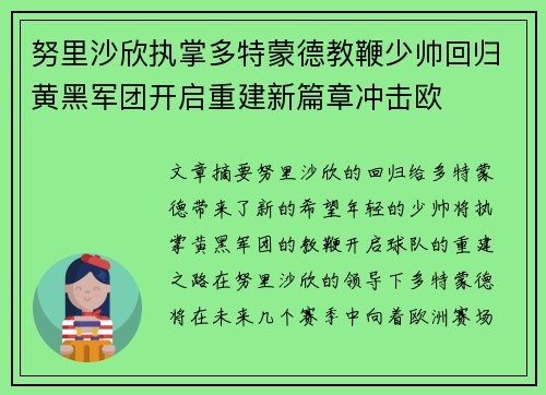 努里沙欣执掌多特蒙德教鞭少帅回归黄黑军团开启重建新篇章冲击欧